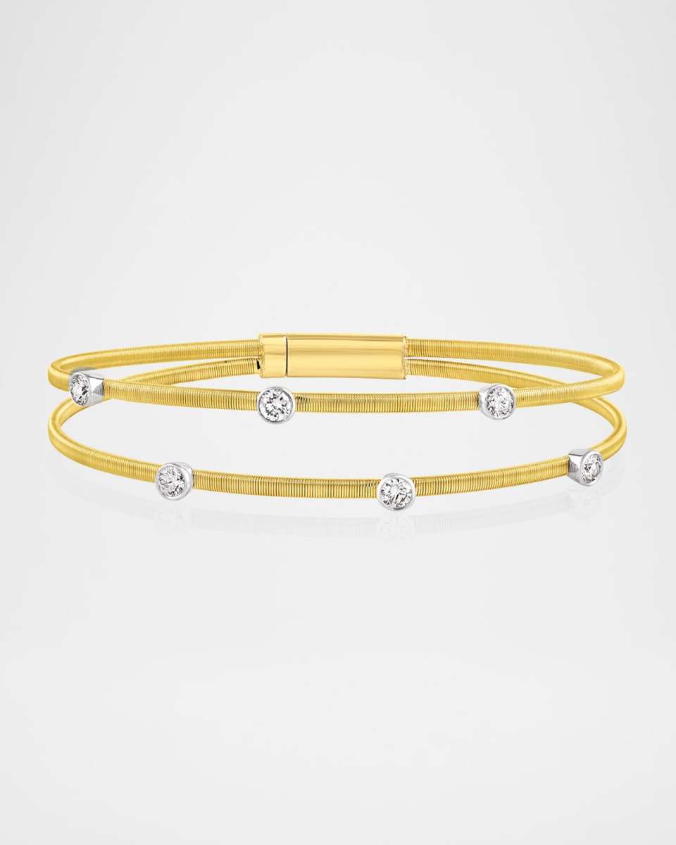 18K Gold Smooth Wire Two-Row Six-Stone Diamond Bangle Bracelet